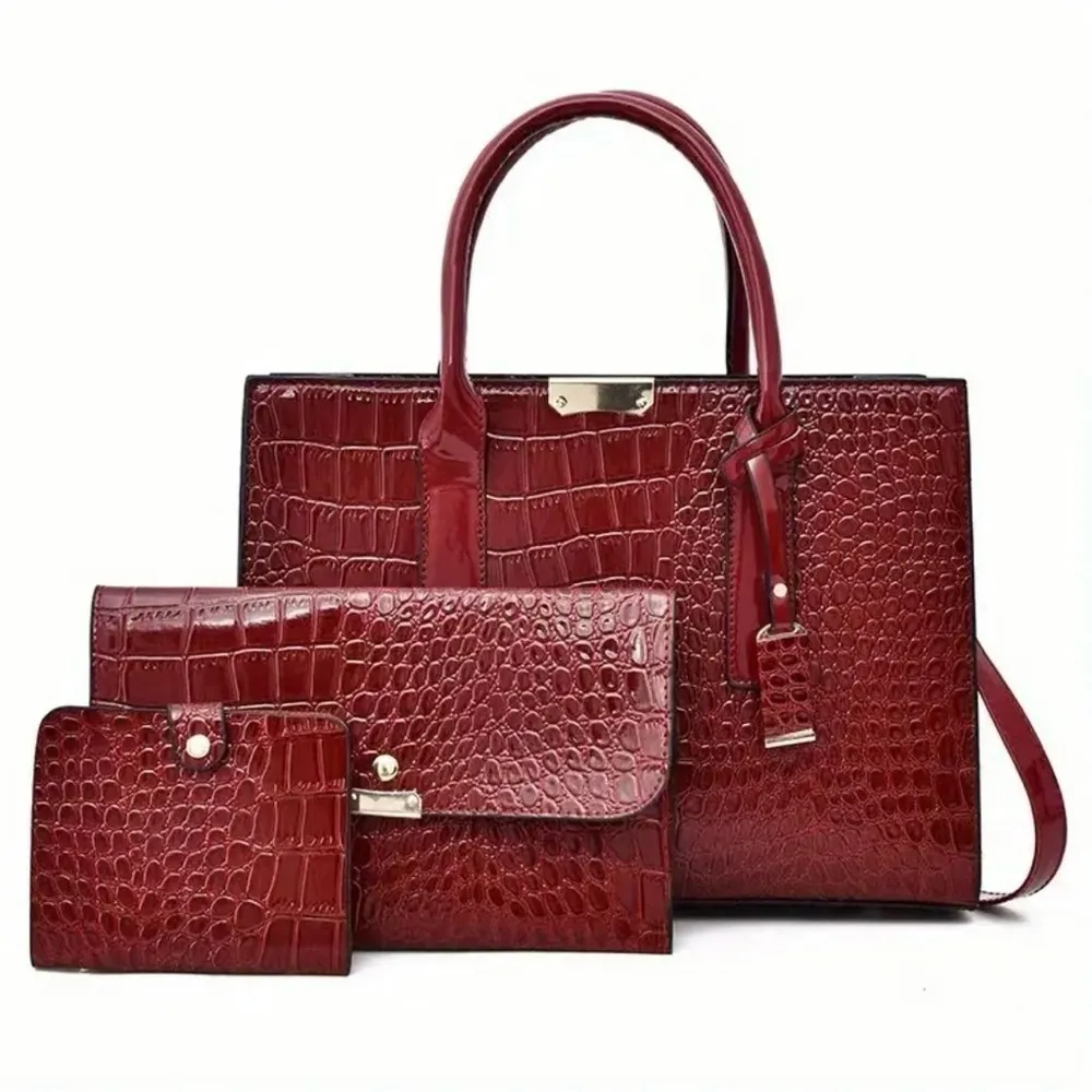 3pcs Crocodile Leather Handbag Set NWT Red - Image 4