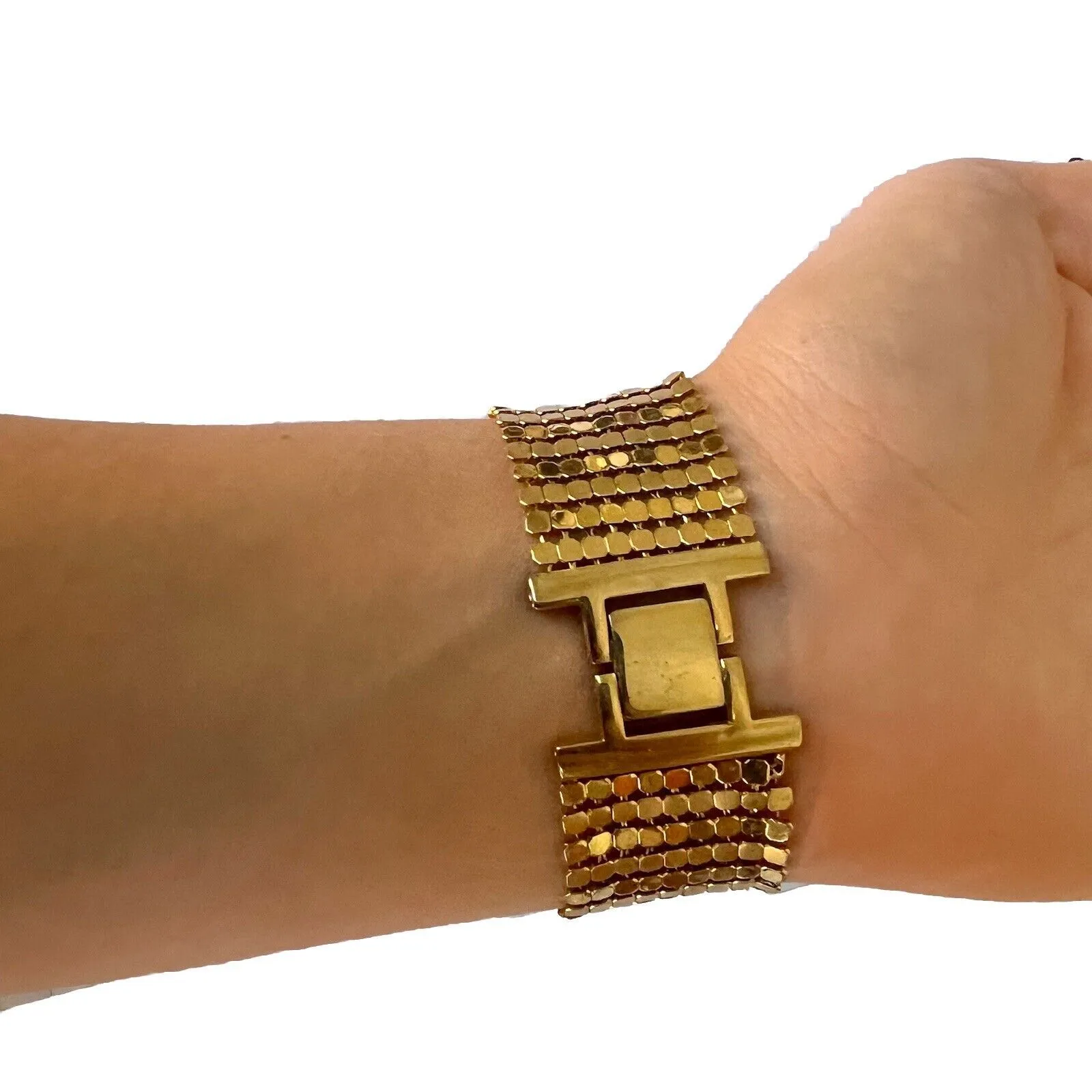 Vintage Mesh Band Gold Tone Watch Bracelet with Foldover Clasp Rectangular Face - Image 3