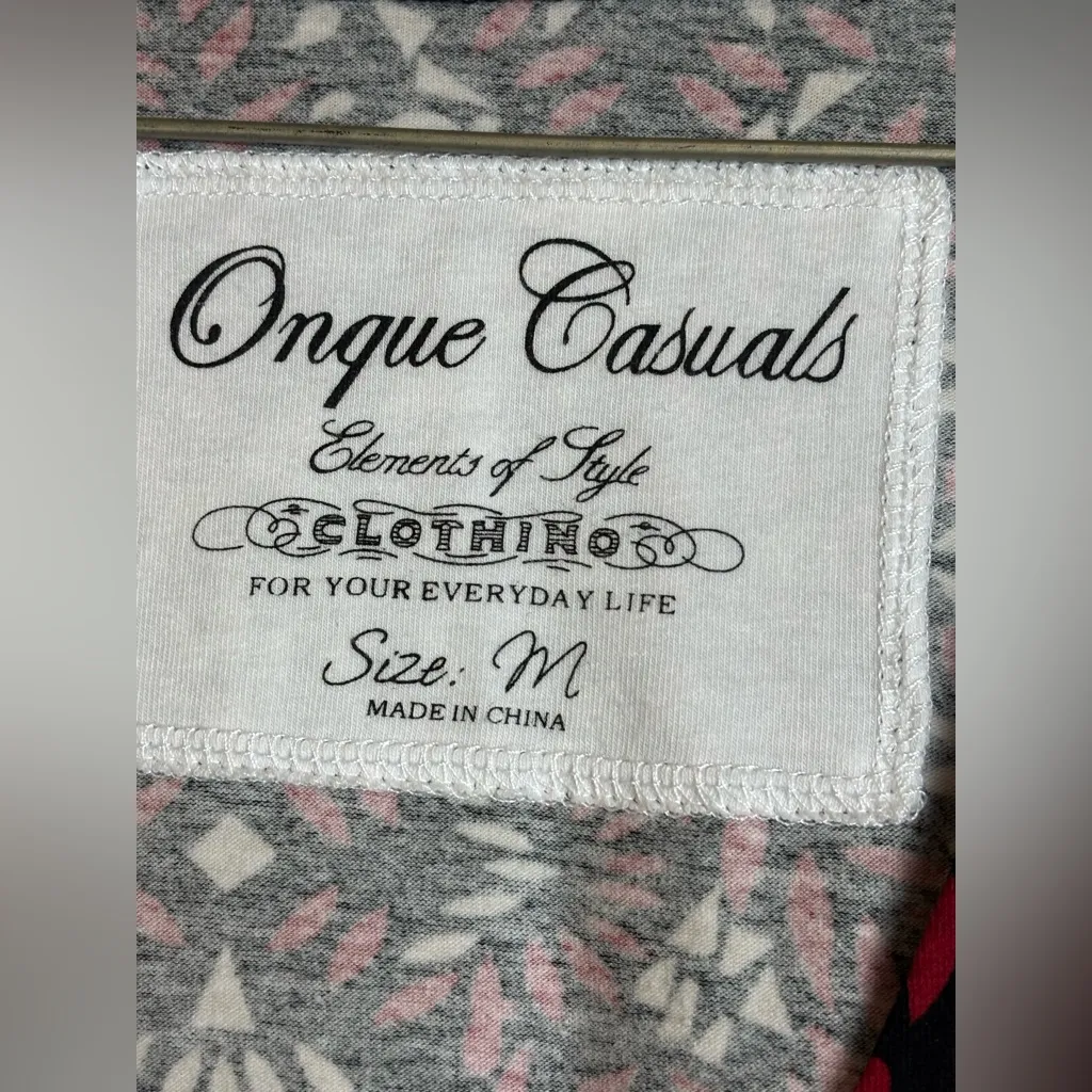 Onque Casuals Woman’s Business Casual Printed Vneck Chic Long Sleeve Top Medium Red - Image 3