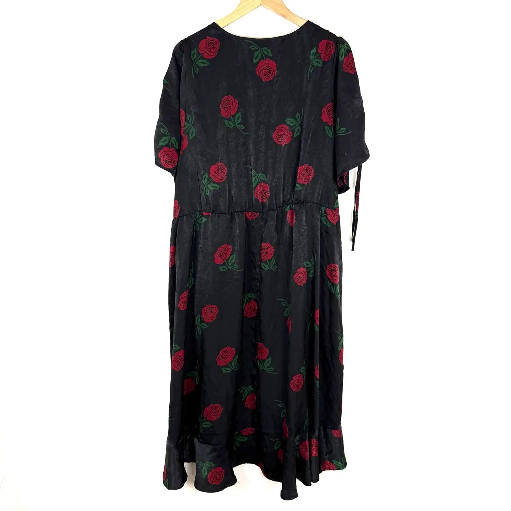 Torrid Midi Brushed Charmeuse Wrap Dress Floral Rose Black Red Romantic Ruffle - Image 9