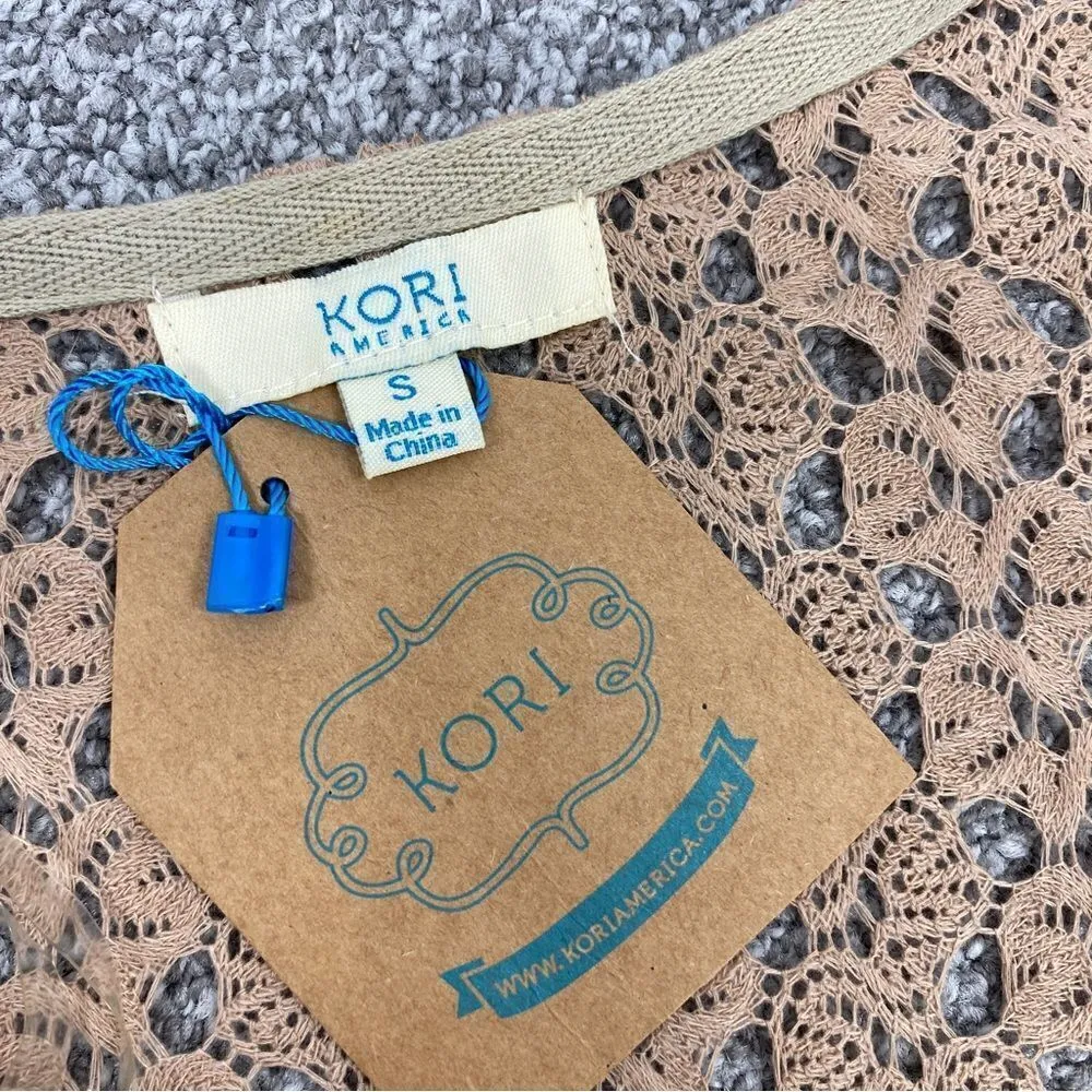 Kori Crochet Lace Hems Bell‎ Sleeve Tunic Top Mocha Tan Small Boho Cottagecore - Image 11