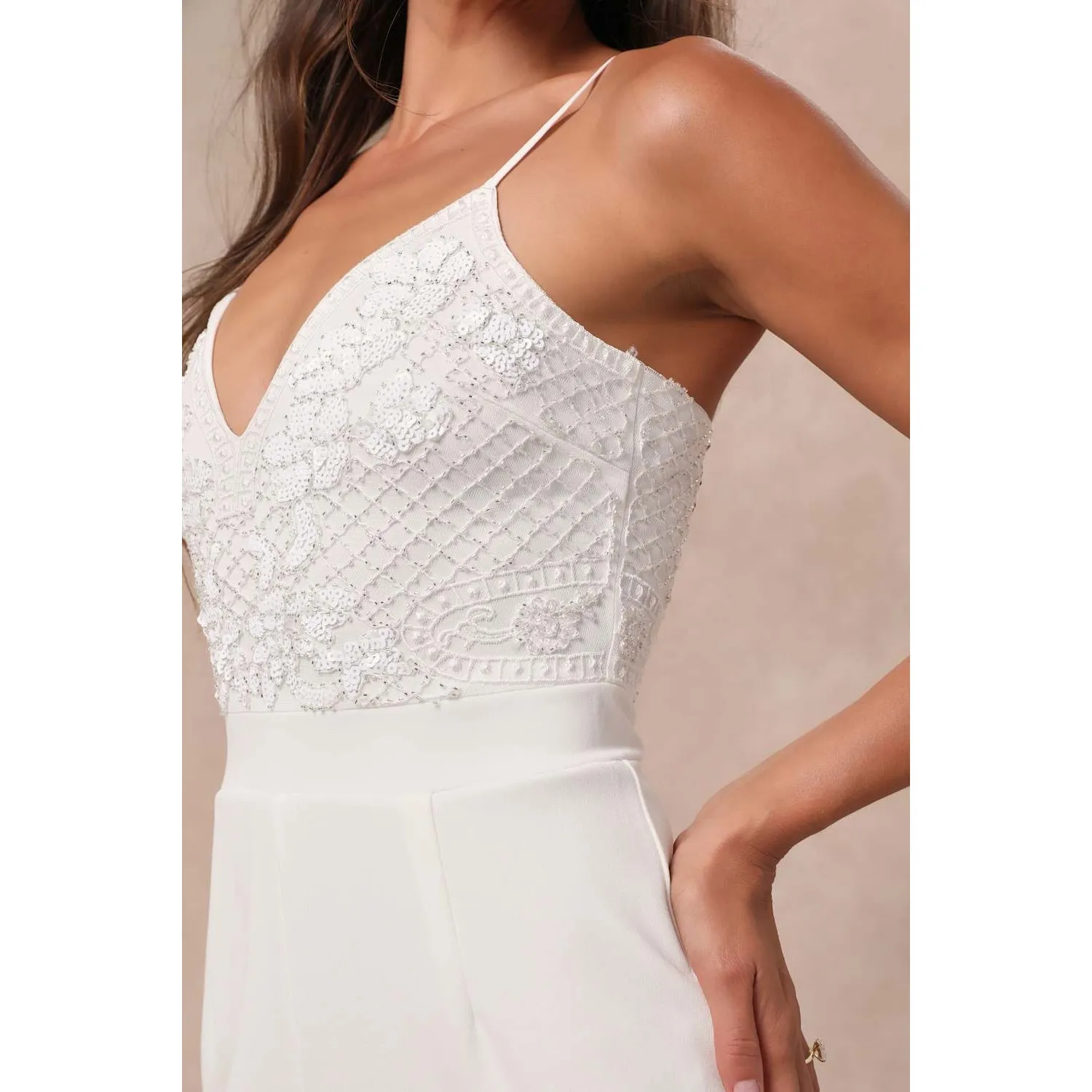NWT Lulus Memorable Occasion White Beaded Sequin Wide-Leg Jumpsuit Glam Bling S - Image 5