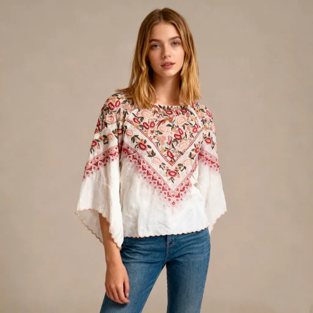 NWOT Johnny Was Embroidered Floral Flare Sleeve Top Shirt Blouse Oversized Sz S - Image 2