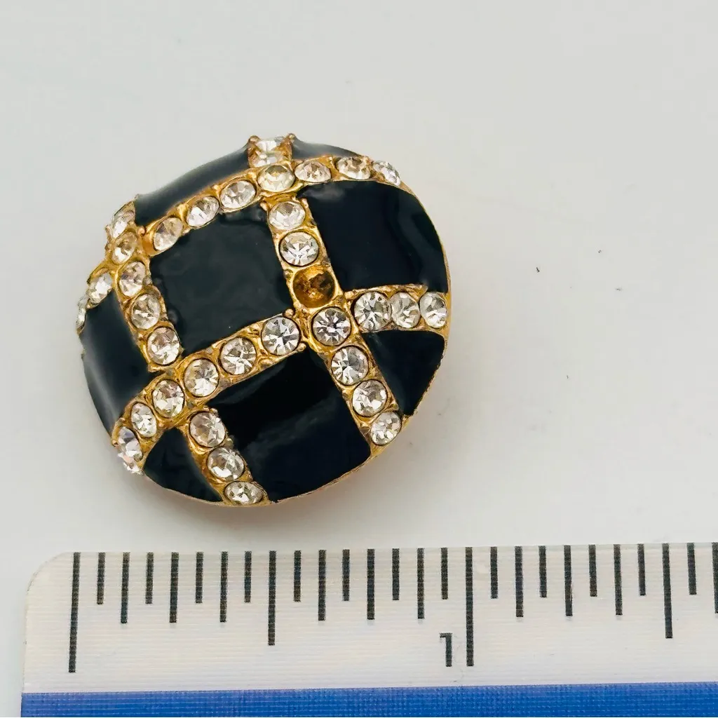 Vintage Joan Rivers Earrings Clip On Gold Tone Button Stud Black Rhinestone Dome - Image 6