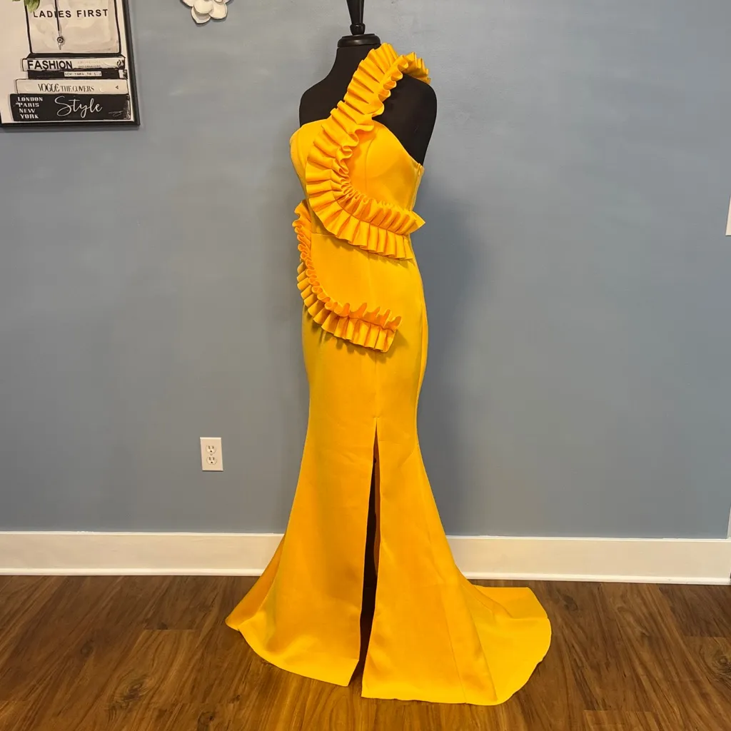 Vibrant Yellow One Shoulder Ruffle Dress Size Large Gold - Image 6