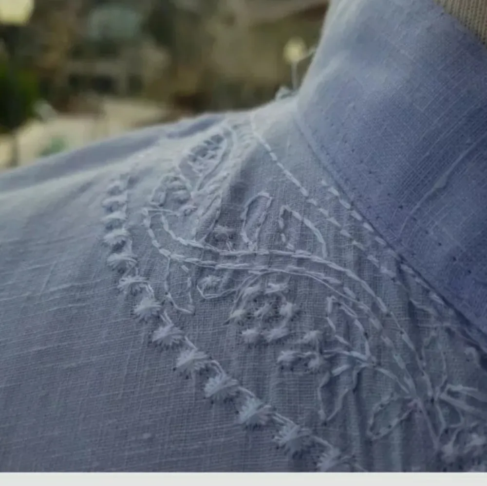 Vintage Light blue tunic w white embroidery, beading, pockets , single Stitch Size L - Image 6