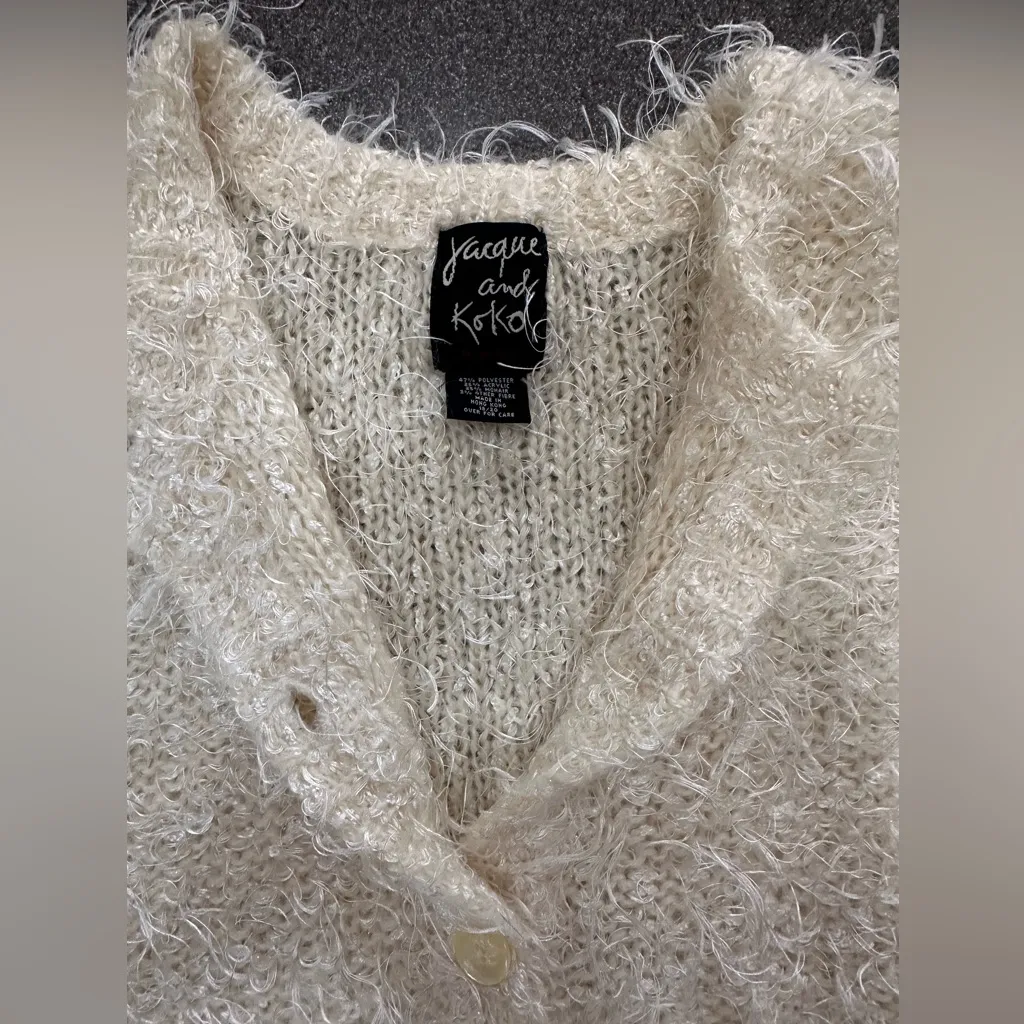 Jacque & KoKo Funky Furry Cropped Ivory Mohair Cardigan Sweater White Size 18 - Image 4