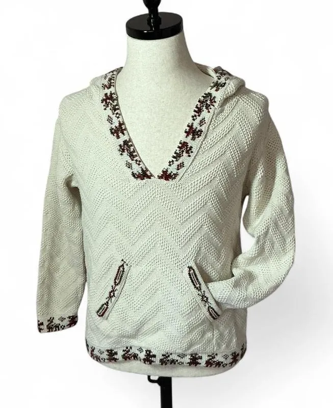 Unique Vintage Hooded V Neck Pullover Sweater Embroidered Boho Chic Chevron Knit Top - Image 1