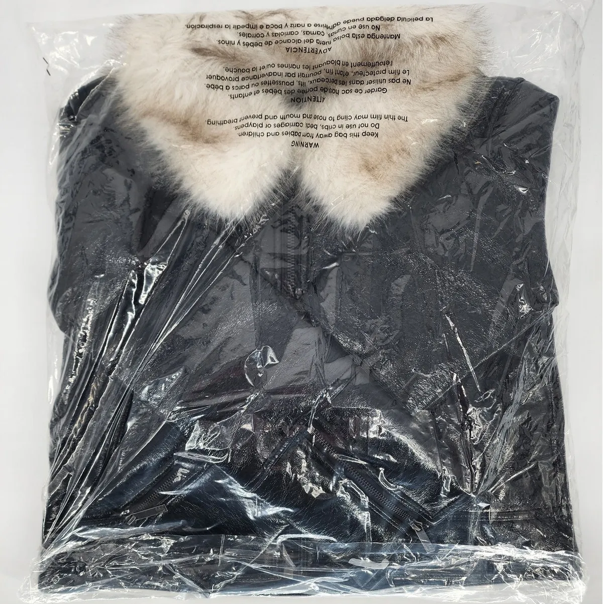 Unreal Fur Black Wet Look Aviator Jacket Faux Leather & Fur Collar Women’s XL - Image 6