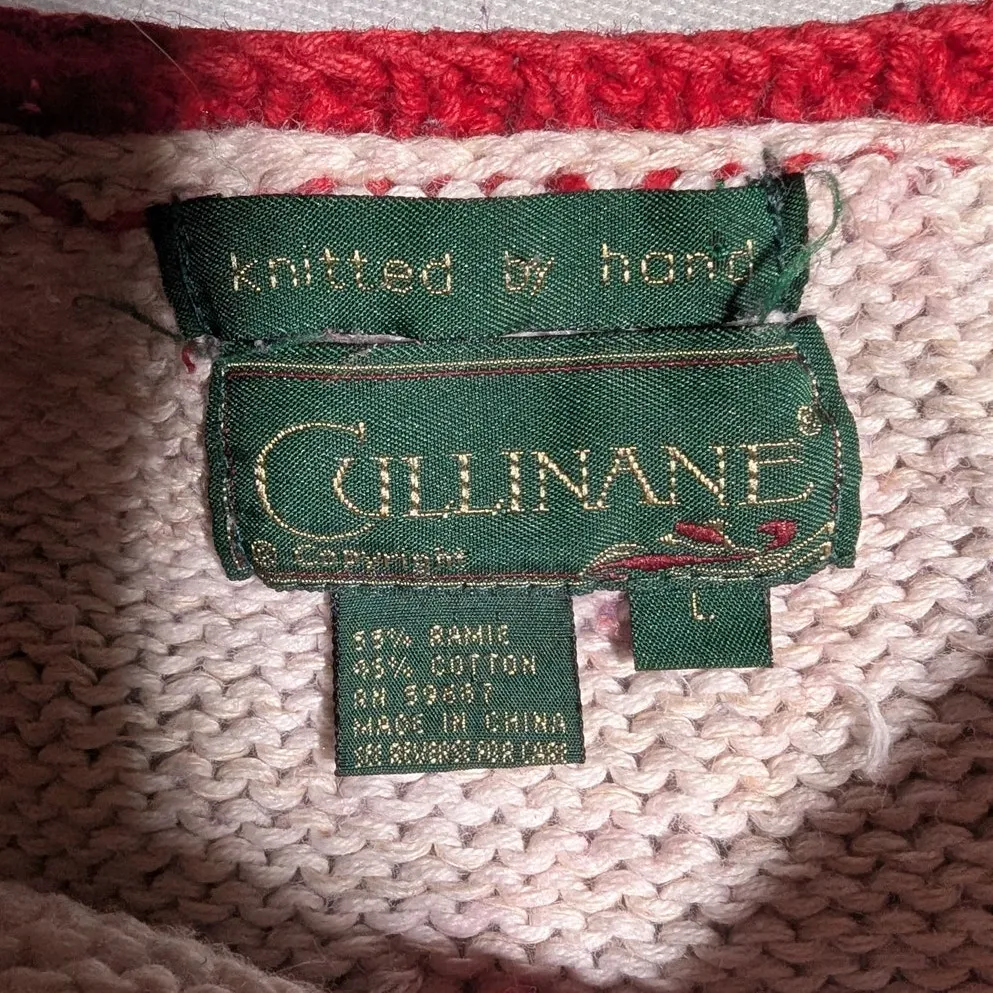 Vtg 1980s Cullinane Red Ivory Floral Chunky Knit Button Up Crew Cardigan Sz L Size L - Image 3