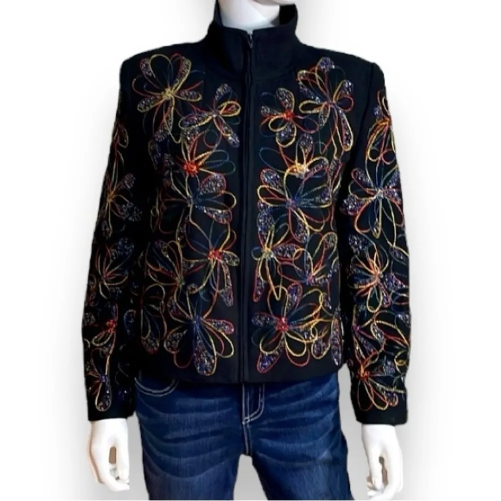 VINTAGE Boho Jacket Women’s Medium Front Zip Embroidered Sequin Floral Anage Black - Image 2