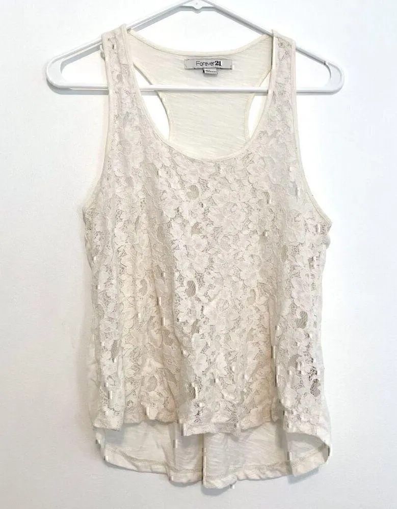 FOREVER 21 White Floral Lace Front / Solid Back Mixed Media Twee Racerback Tank - Image 2