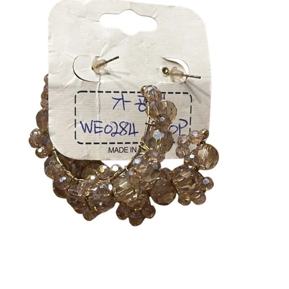 Iridescent Faceted Gemstone Beaded Gold Hoop Earrings Statement Pink Beige Tan - Image 3