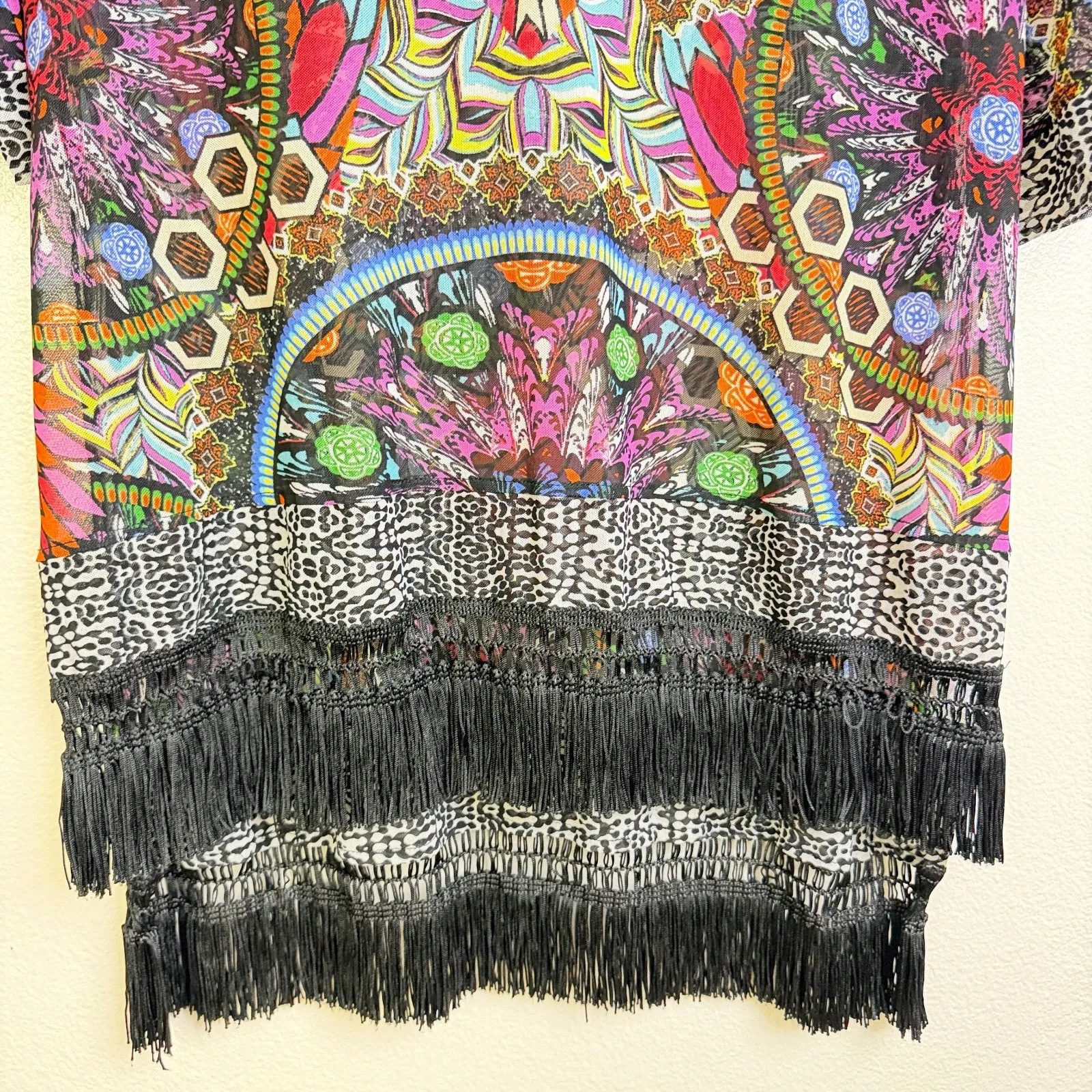 John Mark Mesh Tunic Top Womens Medium V Neck Colorful Printed Fringe Cover Up Black - Image 5
