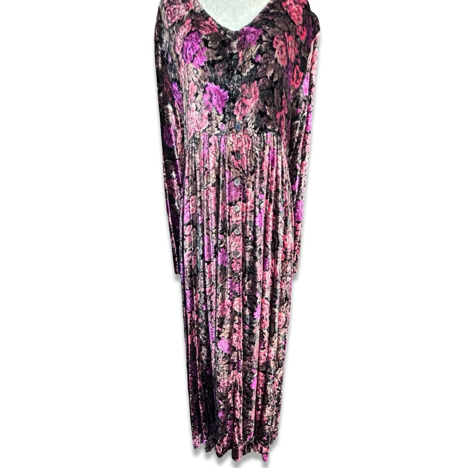 Vintage Nostalgia Dark Floral Velvet Maxi Dress Long Sleeve Button Front Fairy Black Size M - Image 4