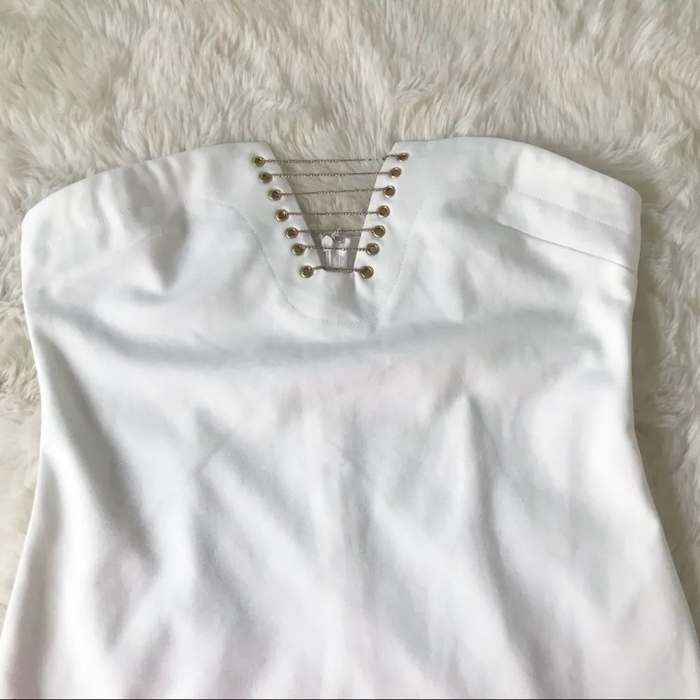 BY THE WAY White Strapless Mini Dress Bodycon Lace Up Chain Formal Party Large‎ - Image 5