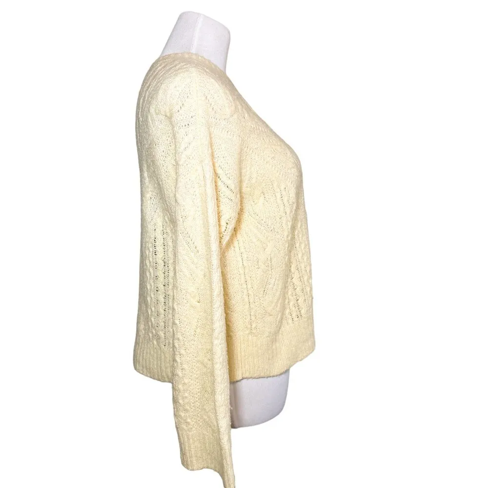 Vince Merino Wool Cashmere Blend Open Cable Knit Crew Sweater Pale Yellow Small - Image 3