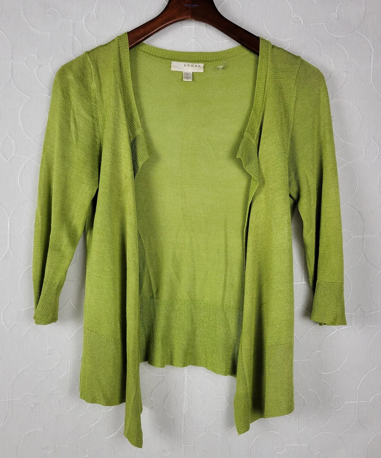 Kenar Womens Cardigan Size S Moss Green Silk Blend Knit Open Front 3/4 Sleeve - Image 1