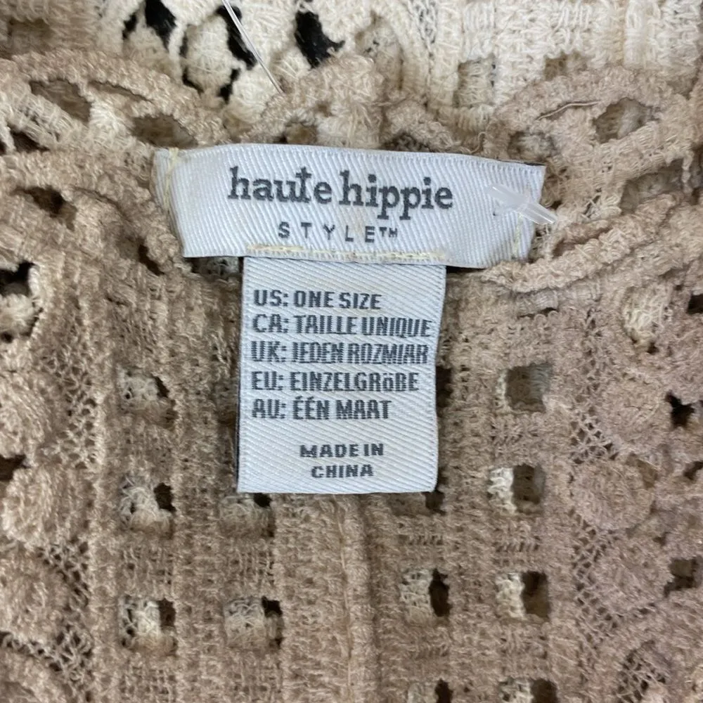 Haute Hippie Tan Sheer Short Sleeve Crochet Lace Fringe Blouse Top OS - Image 7