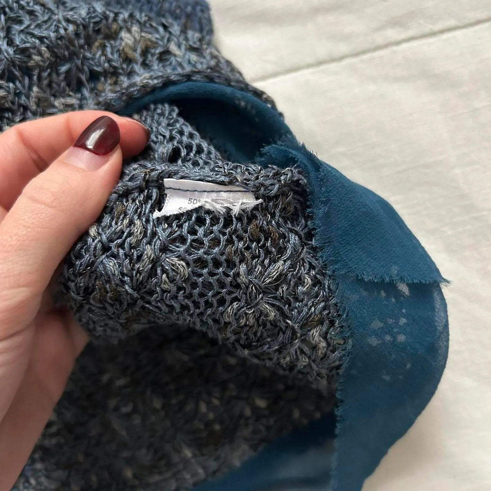 Ball of Cotton Navy blue open knit sweater with silk ruffle trim Size small - Image 3