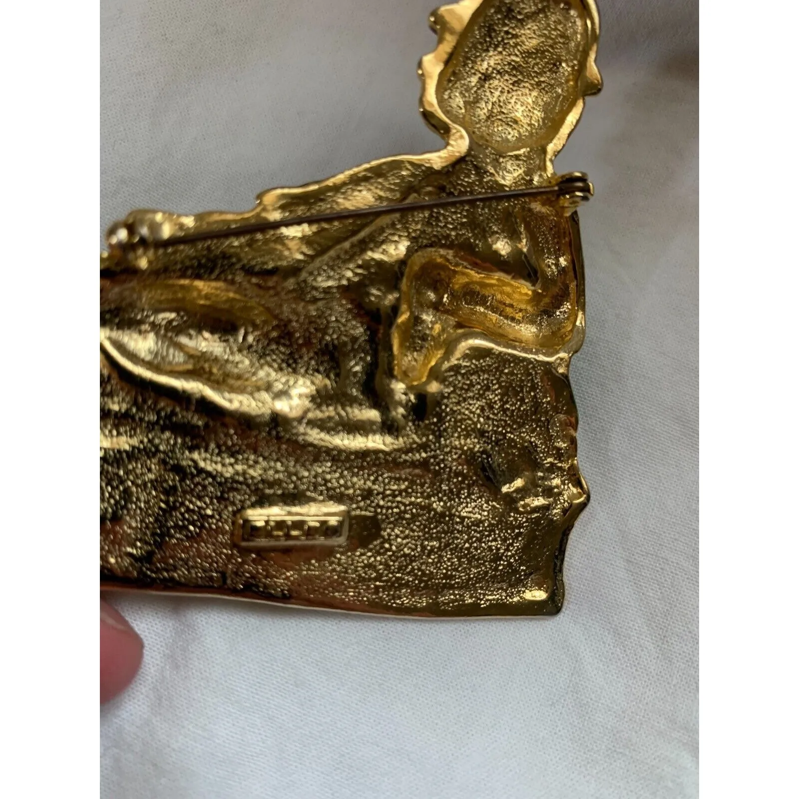 Clown Boy Vintage Brooch Pin Gold Enamel Sitting on Trunk Red Bottle Purple Hat - Image 4