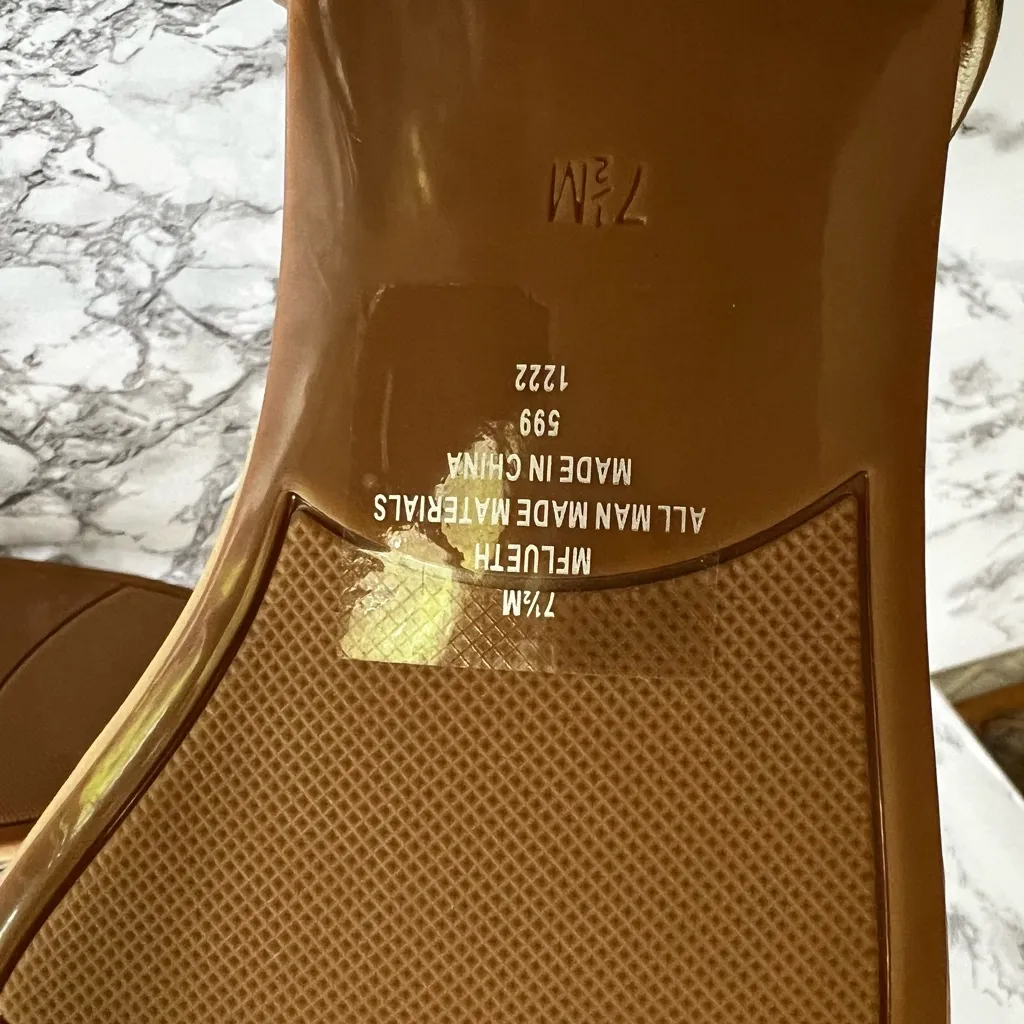 Marc Fisher Lueth Strappy Sandals 7.5 Metallic Gold Silver Ankle Wrap Flat NEW - Image 13