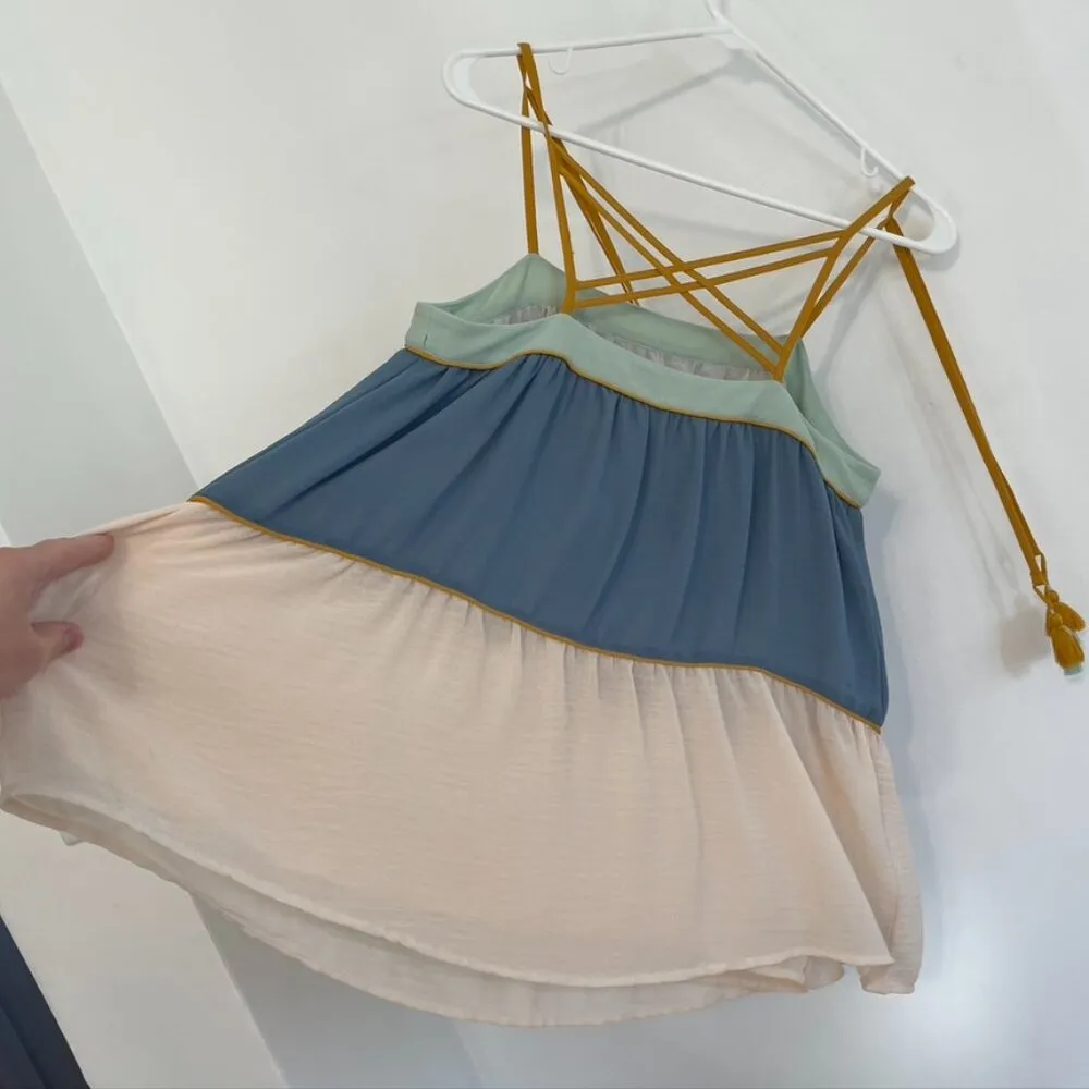 ANN TAYLOR LOFT Poolside Peplum Cami Cream Beige Blue Tassel Strappy Tank Blouse - Image 16