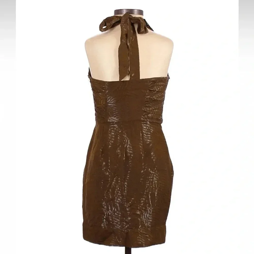 Vintage Bebe Tiger Jacquard Ruched Halter Dress in Dark Metallic Olive Size XXS - Image 2