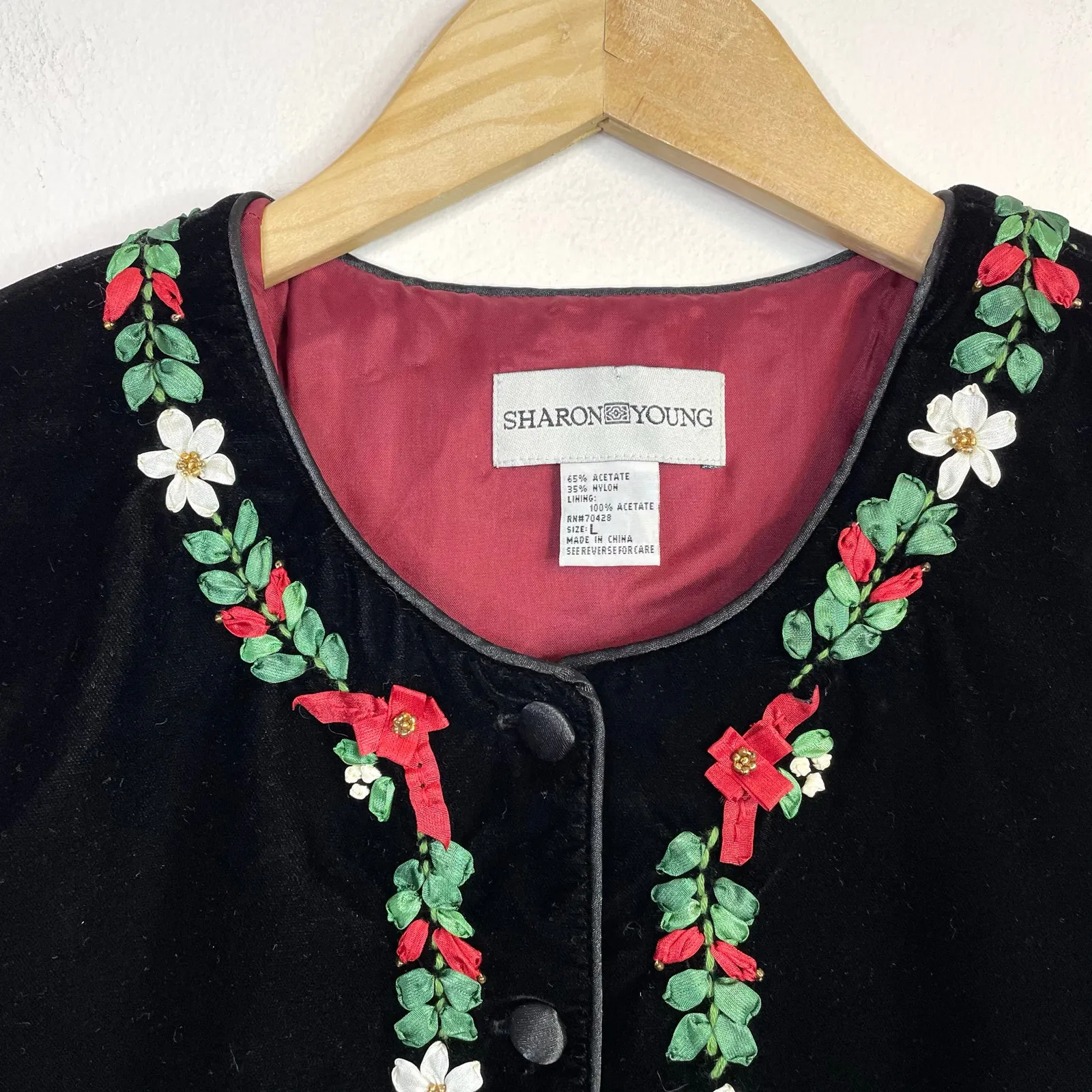 Vintage Sharon Young Black Velvet Ribbon Embroidered Christmas Santa Vest L Size L - Image 4