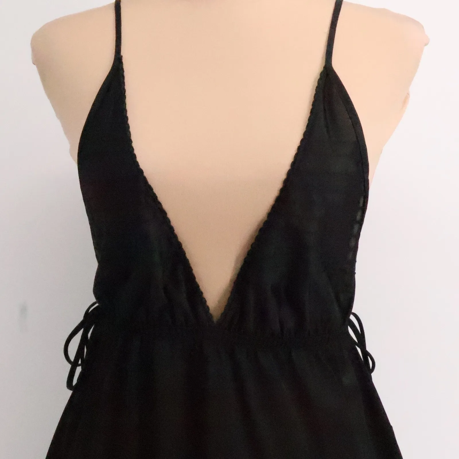 Black Maxi Slip Dress Dark Fairy Grunge Witchy Deep V Neck Side Tie Size S - Image 2