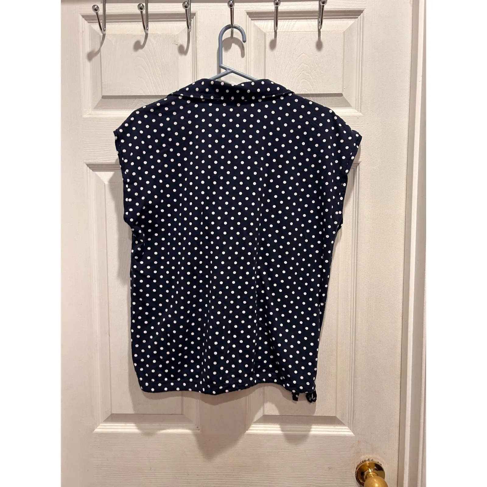 LL Bean Womens Navy Blue White Polka Dot Sleeveless Polo Shirt Top Size L Golf Size L - Image 6