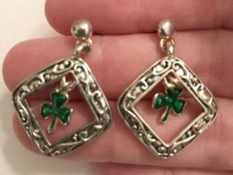 Vintage 80's Shamrock Earrings Handmade Dangle Posts St Patrick's Day Pa… Silver - Image 9