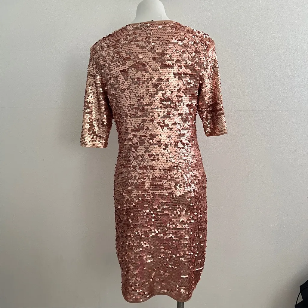 BCBGMAXARIA SEQUIN DRESS MARTA ROSE GOLD FITTED STRETCH PARTY HOLIDAY LARGE - Image 8