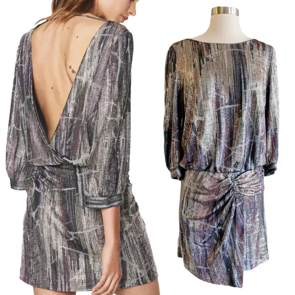 BA&SH Salina Metallic Mini Dress Lighweight Knit Silver Open Back 3 Large EUC - Image 3