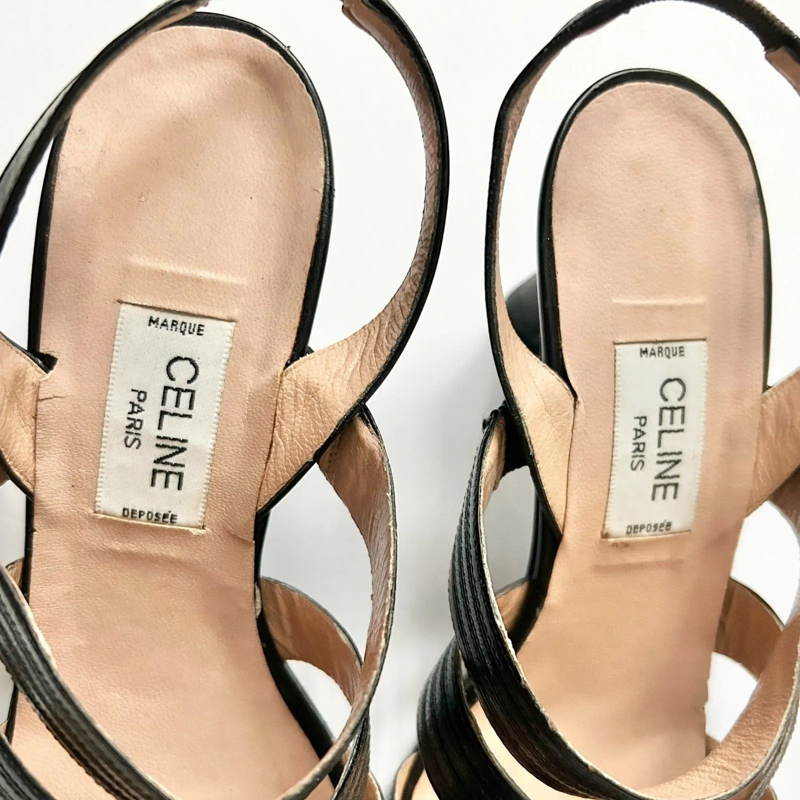 Celine Paris Black Leather Strappy Slingback Heels Sandals Size 37 IT 7 US - Image 5