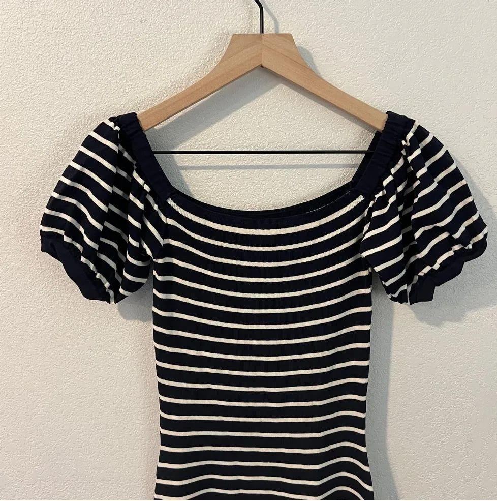 Zara Navy & White Striped Stretch Knit Puff Sleeve Fit & Flare Mini Dress Size M - Image 6