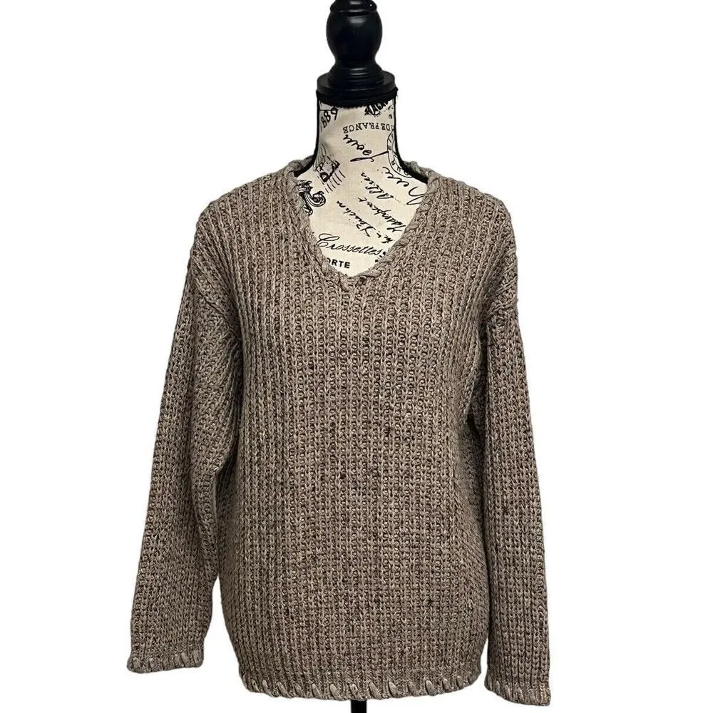 Vintage Y2K Together Tan Braided Knit Sweater Women’s Medium Fisherman Hippie Brown - Image 2
