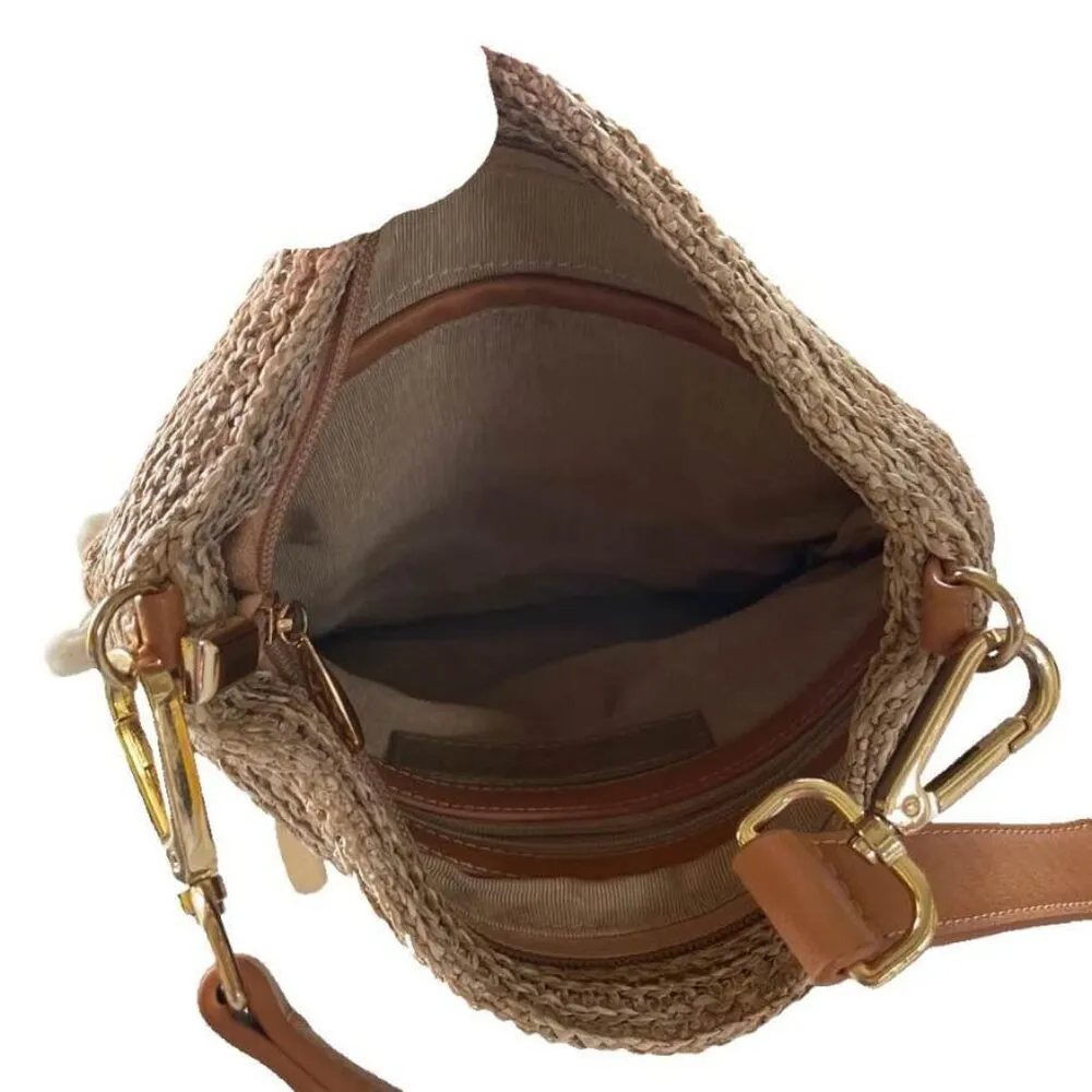 SONDRA ROBERTS Straw Crossbody Bag with Leather Strap and Pom Pom Accents - Image 4