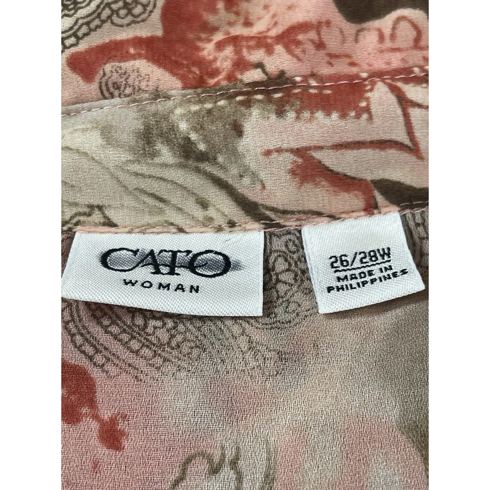 Cato Woman 26/28W Button Up Blouse Pink Tan Floral Paisley Sheer Long Sleeve Top - Image 4