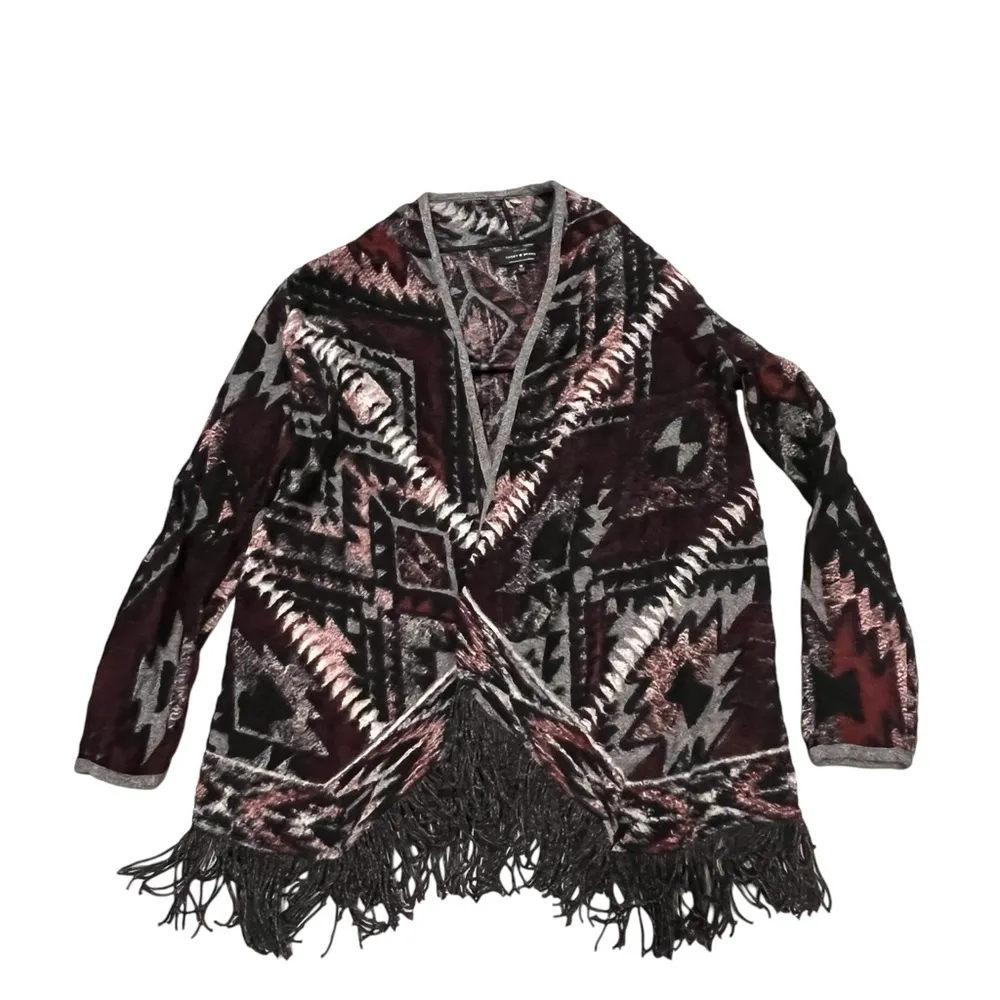 Lucky Brand Aztec Serape Fringe Open Front Cardigan Sweater size Medium - Image 7