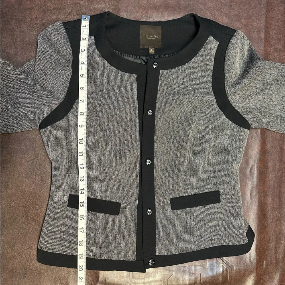 The Limited Faux Tweed Blazer‎ Jacket Snap Front Collarless Gray Black Womens 2 - Image 15