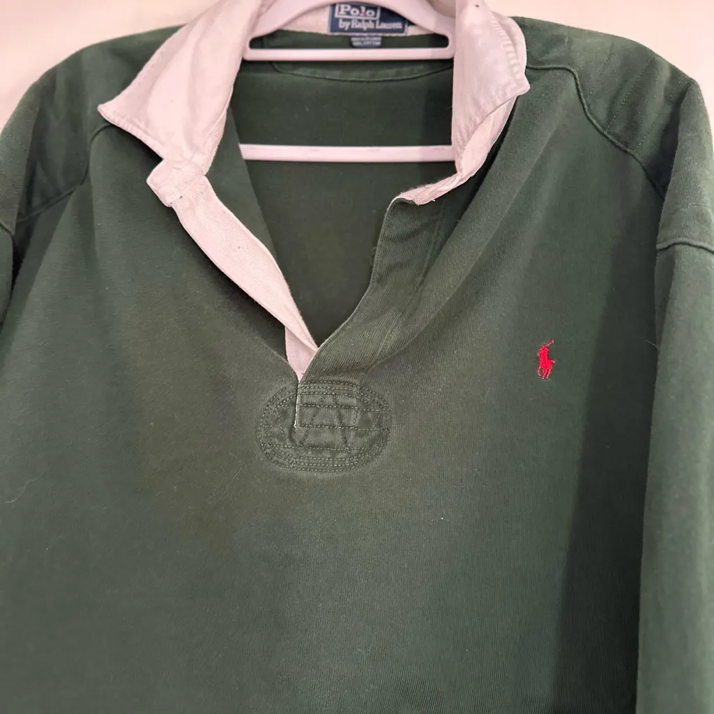 VTG Polo Ralph Lauren 2XL green Cropped  Long Sleeve Elbow Patch Quilt Shoulders - Image 9
