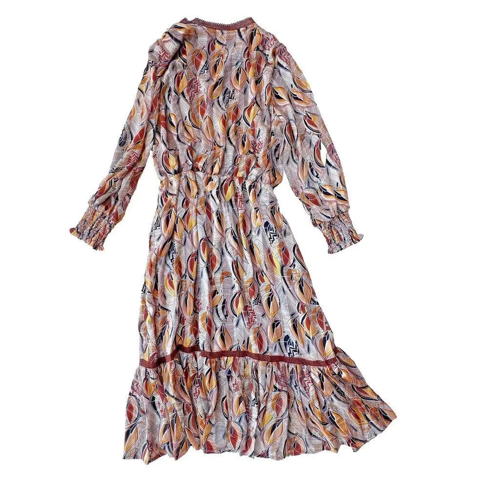 Sweet Salt Floral Long Sleeve Bohemian chic multicolor Key Hole Back Dress 12 Brown - Image 5