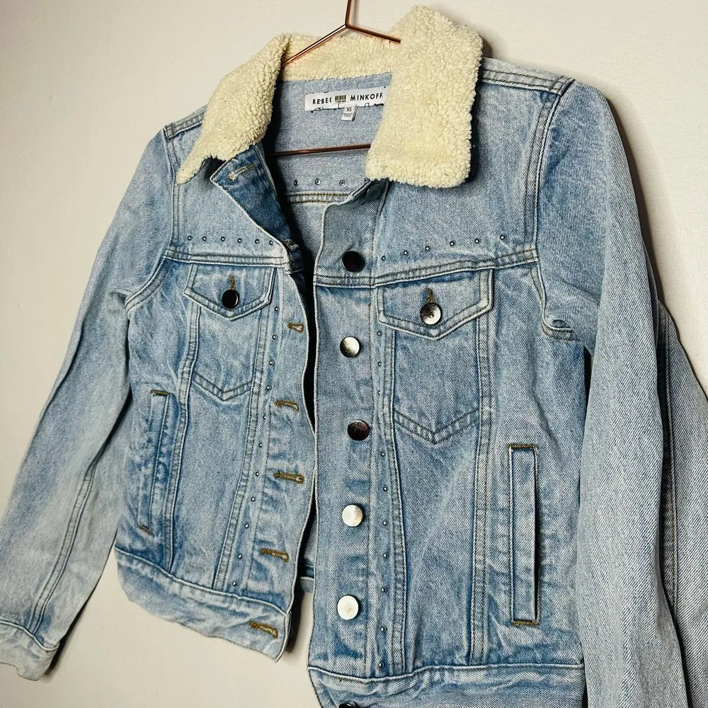 Rebecca Minkoff Light Blue Faux Fur Collar Clark Studded Denim Jacket Size XS - Image 6