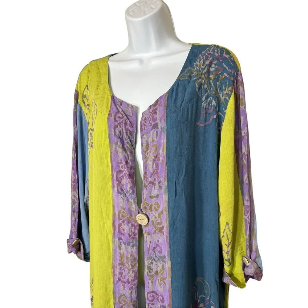 Soft Surroundings Purple Green Batik Print Rayon One Button Cardigan Blazer M - Image 2