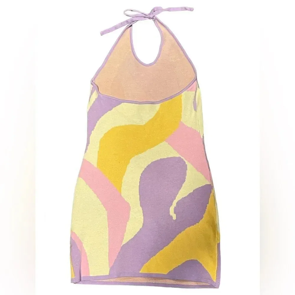 NWOT Y2K Multicolor Mini Knit Dress Small Halter V-Neck Groovy 80s Disco Wacky - Image 5