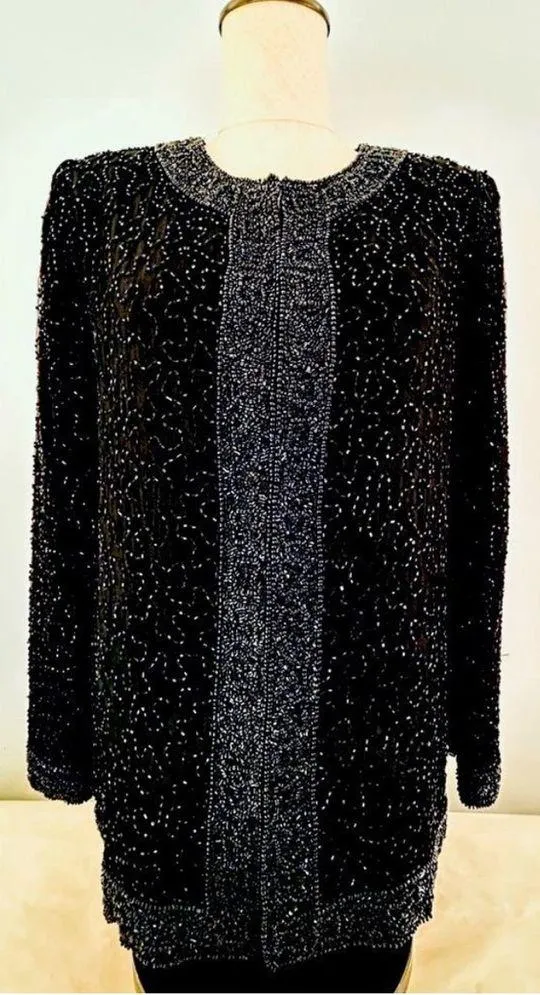 Vintage Laurence Kazar Black Sill Beaded Formal Jacket size Medium - Image 4