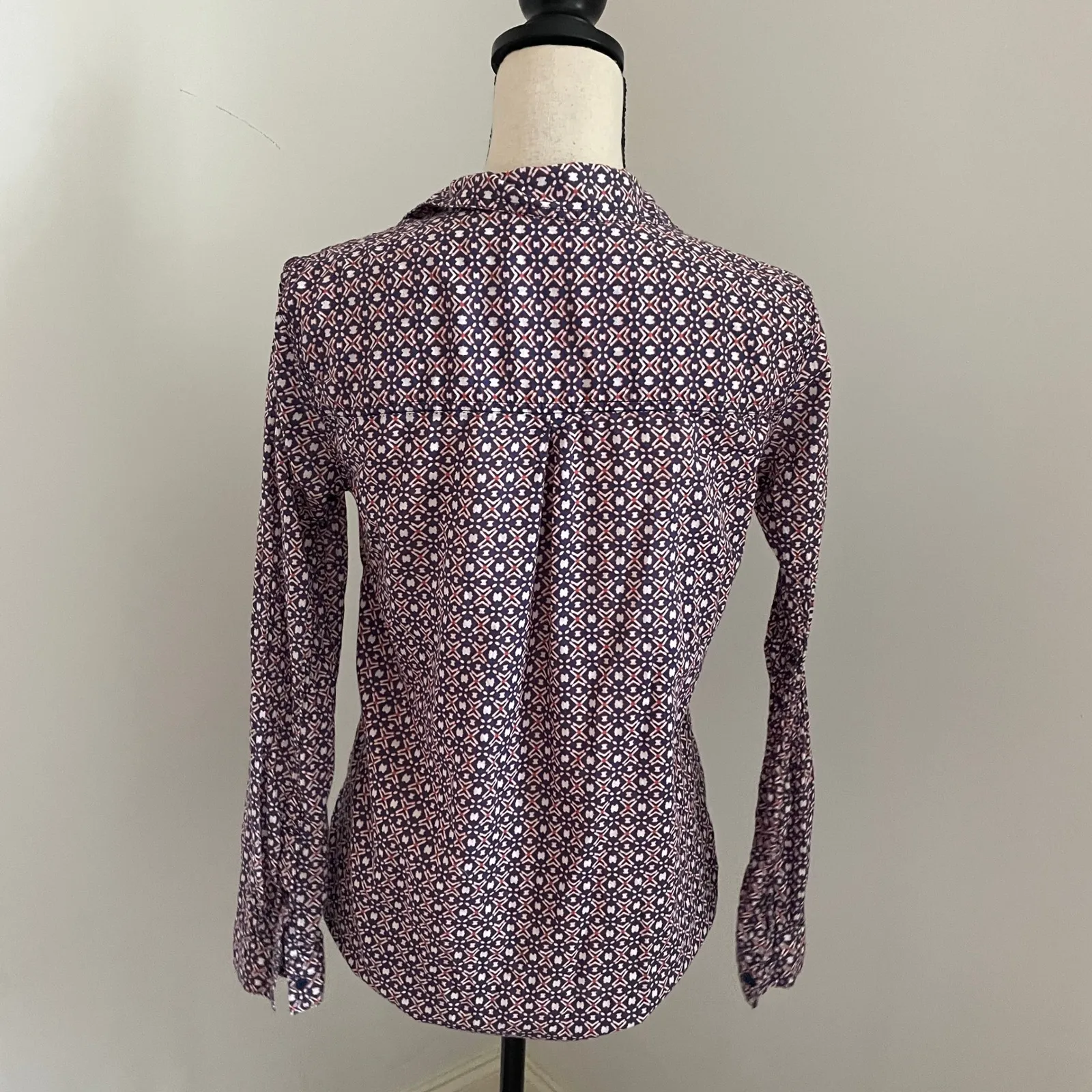 Geometric Print Artsy Button Down Shirt size XS Pink Blue Retro Corpcore Office - Image 4