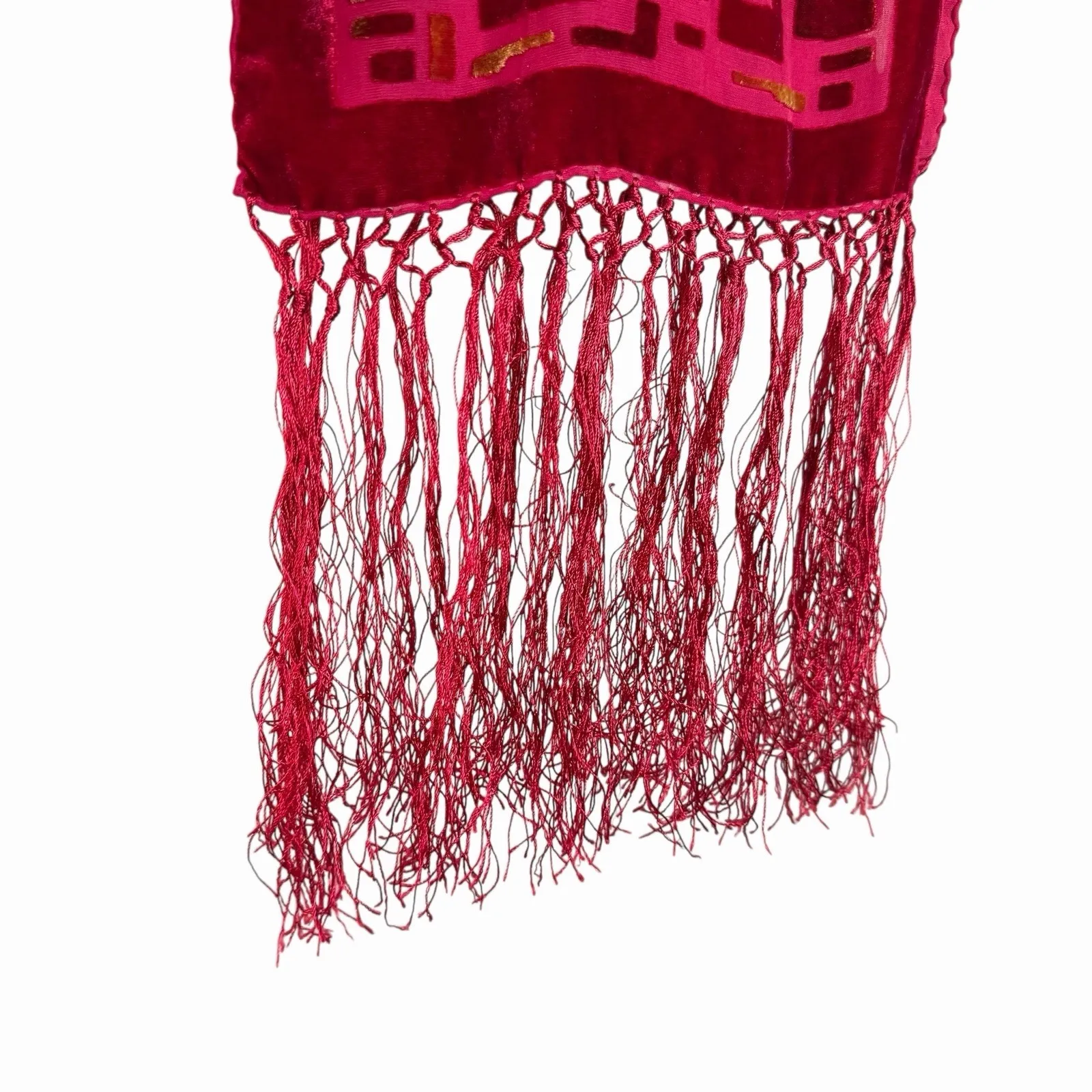 Whimsigoth Red Velvet Burnout Scarf Fringe Gothic Art Deco Long Wrap 9.5Wx76H - Image 6