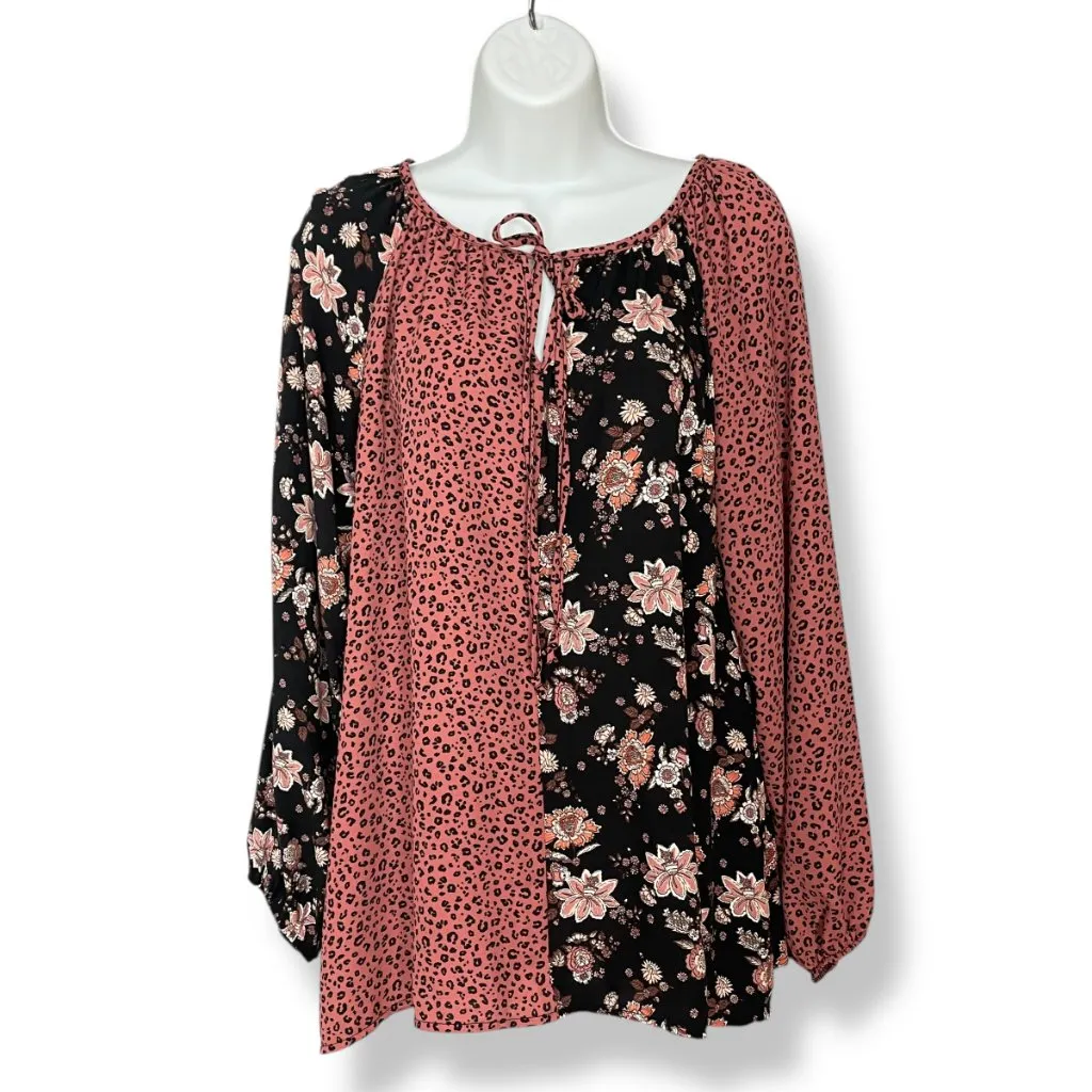 Haptics Top Floral Animal‎ Print Women Size Large Peasant Blouse Long Sleeve Pink - Image 2